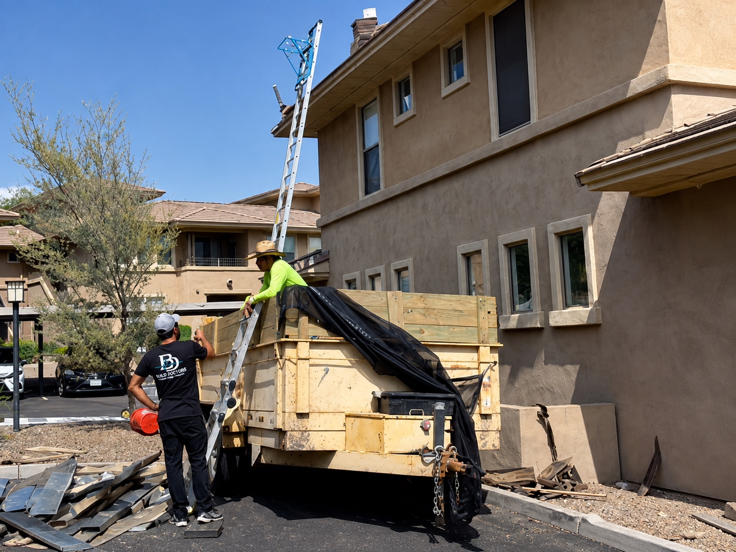 Build Doctors field crew beside a jobsite trailer and ladder