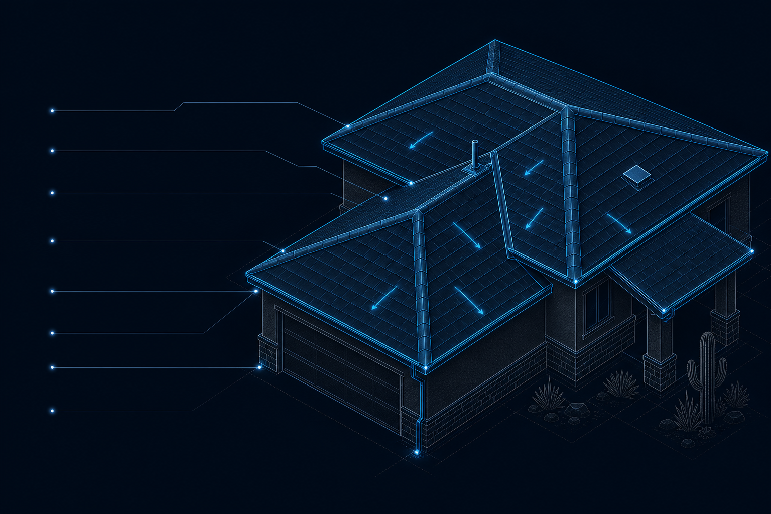 Technical isometric drawing of an Arizona roof system with ridges, valleys, penetrations, drainage paths, and edge details